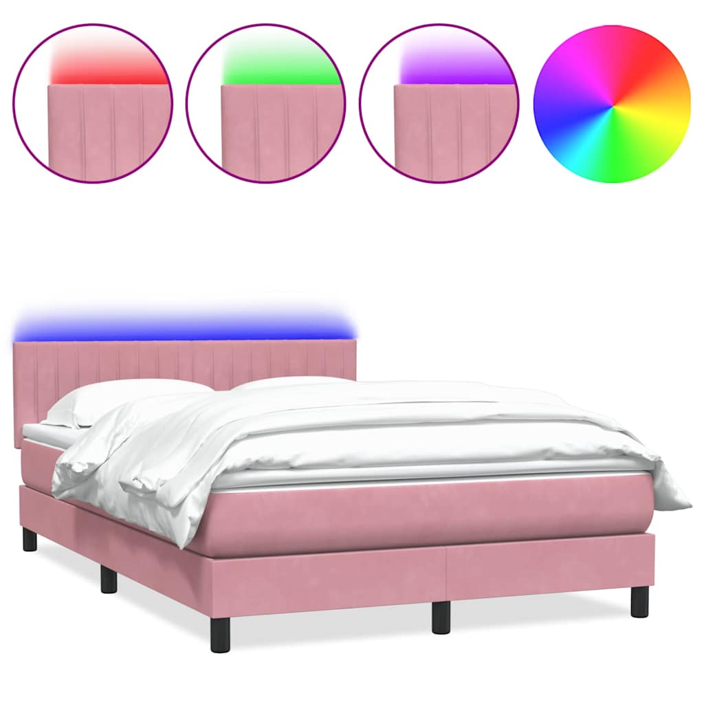 vidaXL Κρεβάτι Boxspring με Στρώμα & LED ροζ 140x220 cm Βελούδινο