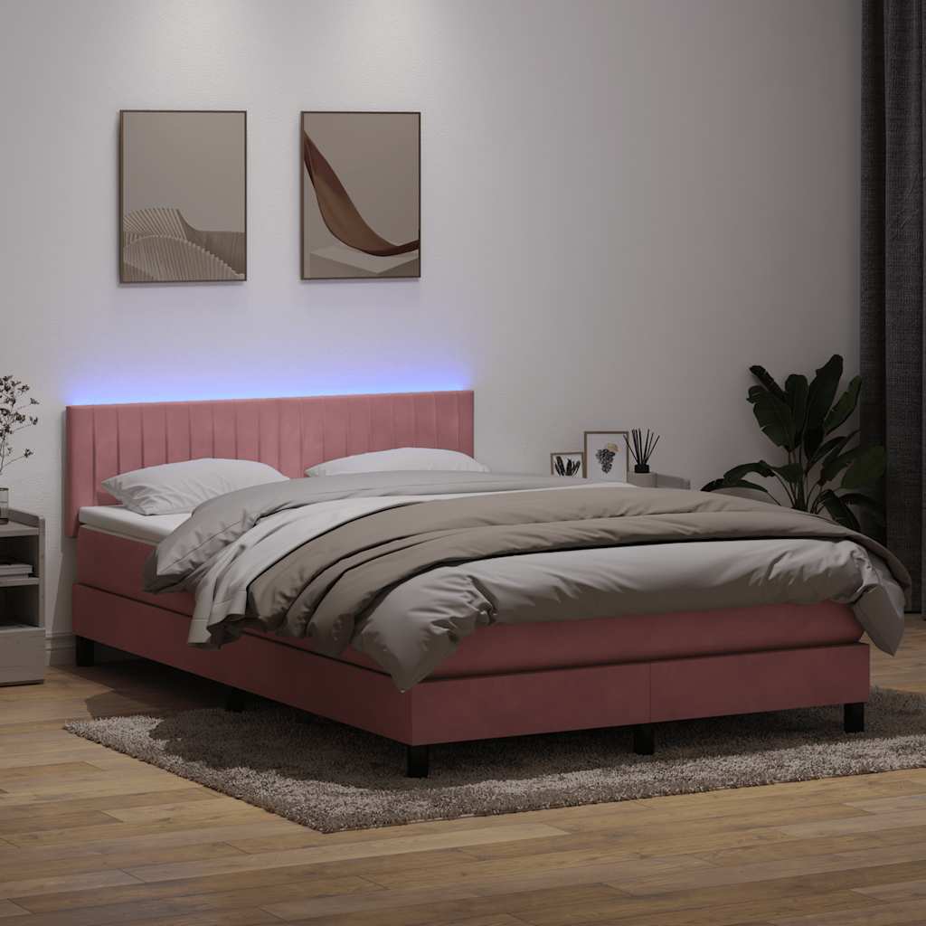 vidaXL Κρεβάτι Boxspring με Στρώμα & LED ροζ 140x220 cm Βελούδινο