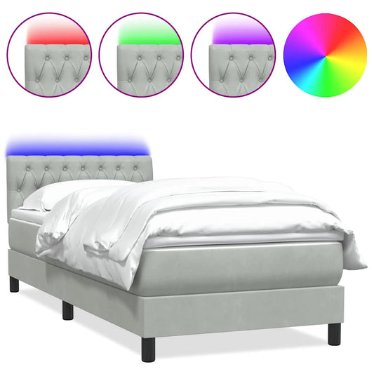 vidaXL Κρεβάτι Boxspring με Στρώμα & LED Ανοιχτό Γκρι 80x210 εκ. Βελούδινο
