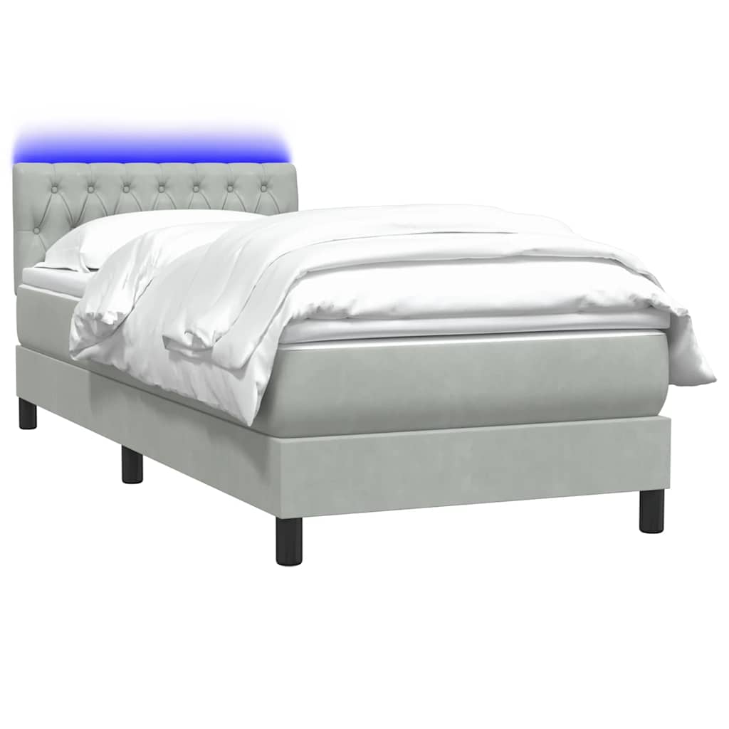 vidaXL Κρεβάτι Boxspring με Στρώμα & LED Ανοιχτό Γκρι 80x210 εκ. Βελούδινο