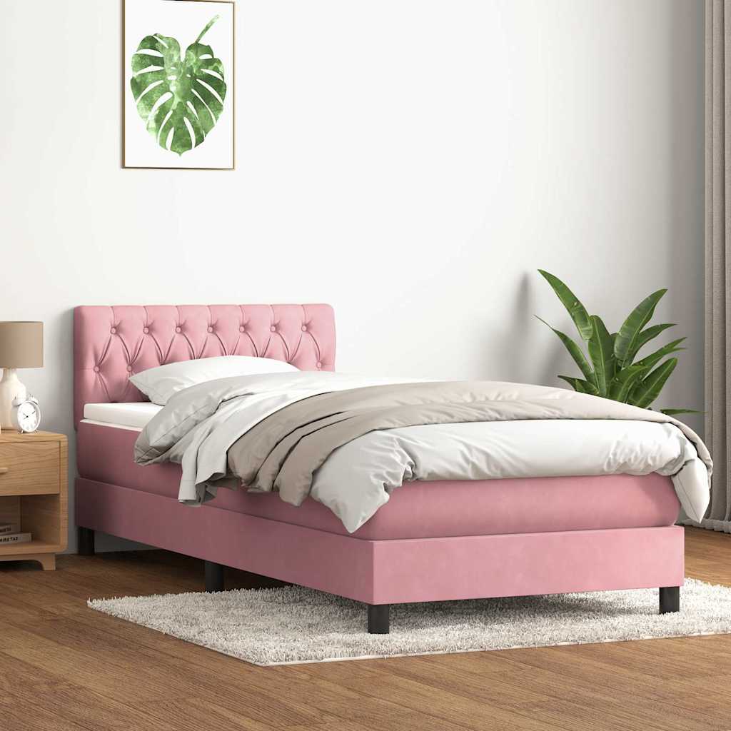 vidaXL Κρεβάτι Boxspring με Στρώμα & LED ροζ 90x210 εκ. Βελούδινο
