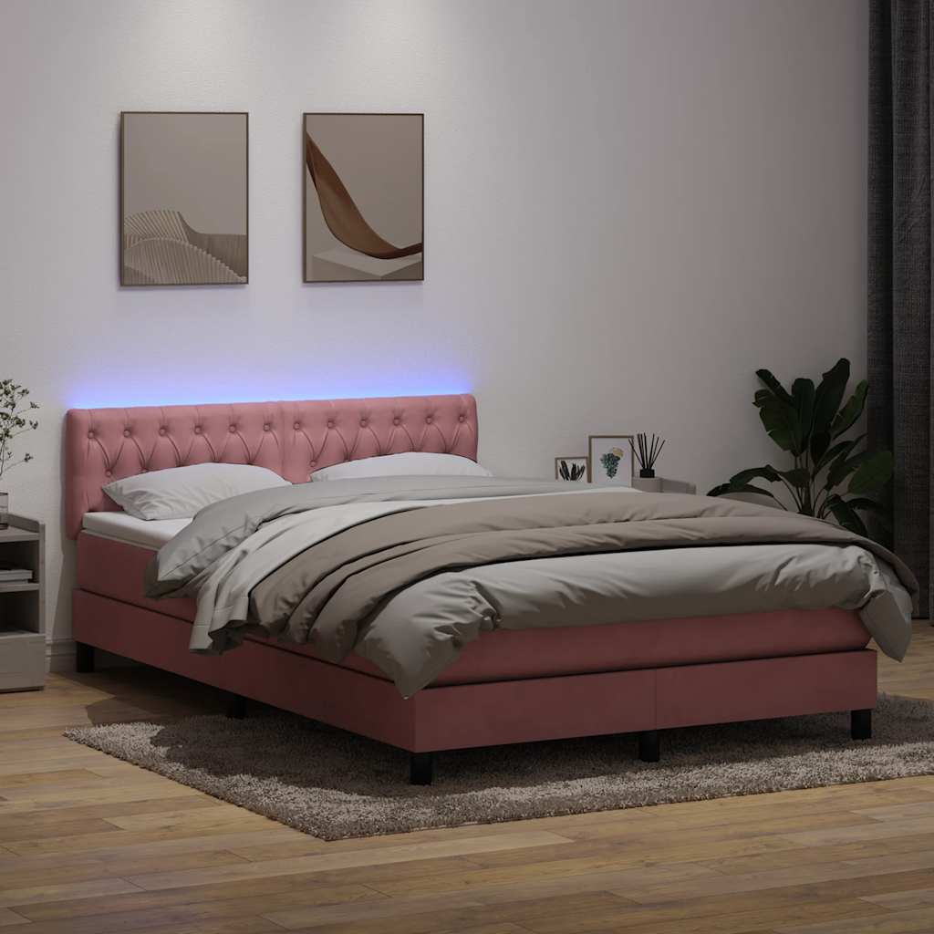 vidaXL Κρεβάτι Boxspring με Στρώμα & LED Ροζ 140x210 εκ. Βελούδινο