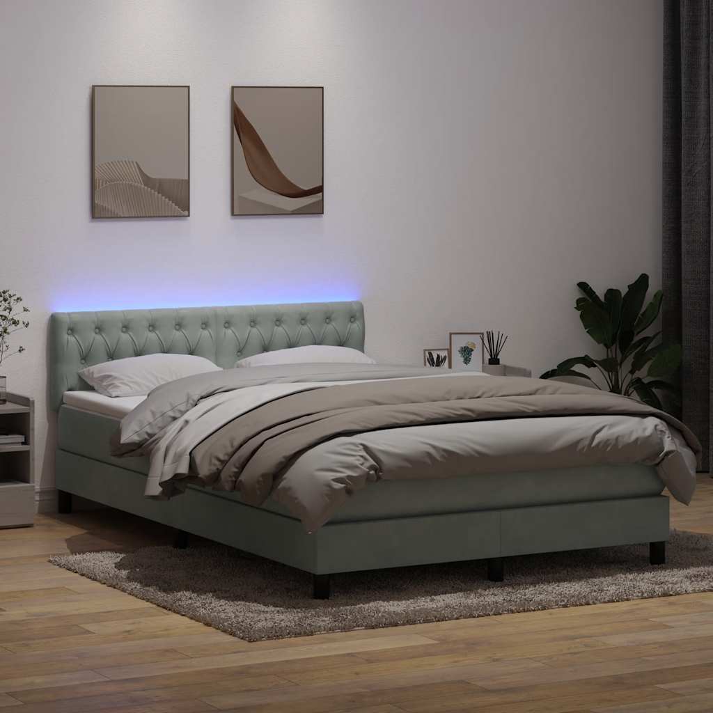 vidaXL Κρεβάτι Boxspring με Στρώμα & LED Ανοιχτό Γκρι 160x210 εκ. Βελούδινο