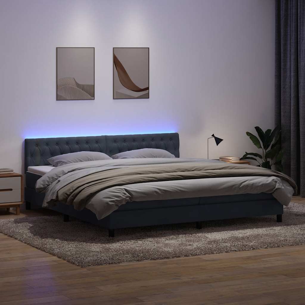 vidaXL Κρεβάτι Boxspring με Στρώμα & LED Σκούρο Γκρι 180x210 εκ. Βελούδινο