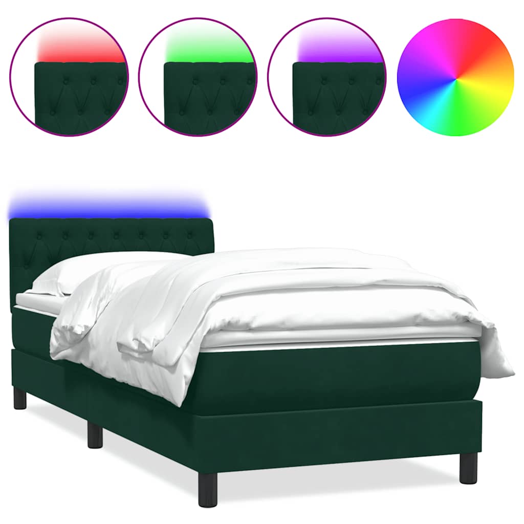vidaXL Κρεβάτι Boxspring με Στρώμα & LED σκούρο πράσινο 80x220εκ. Βελούδινο