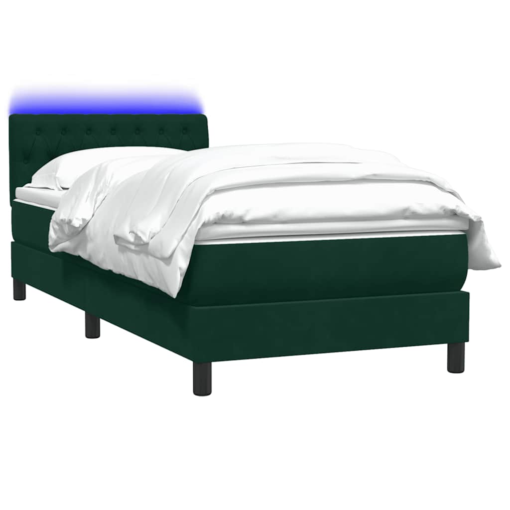 vidaXL Κρεβάτι Boxspring με Στρώμα & LED σκούρο πράσινο 80x220εκ. Βελούδινο