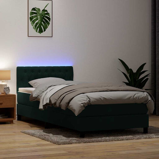 vidaXL Κρεβάτι Boxspring με Στρώμα & LED σκούρο πράσινο 80x220εκ. Βελούδινο