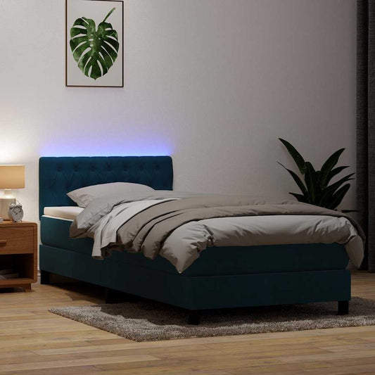 vidaXL Κρεβάτι Boxspring με Στρώμα & LED Σκούρο Μπλε 80x220 εκ. Βελούδινο