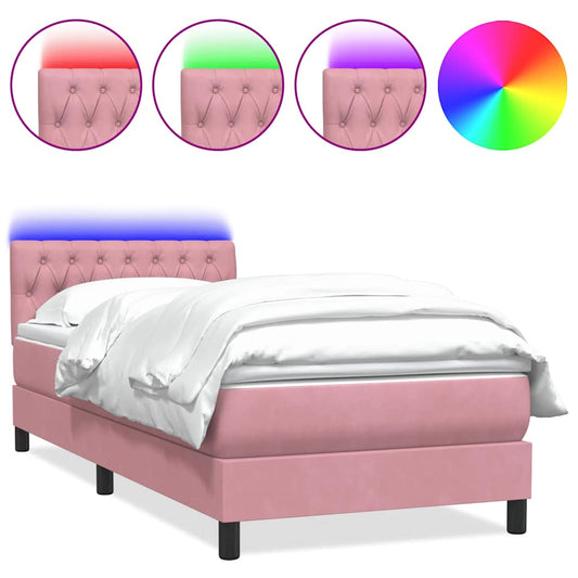 vidaXL Κρεβάτι Boxspring με Στρώμα & LED Ροζ 90x220 εκ. Βελούδινο