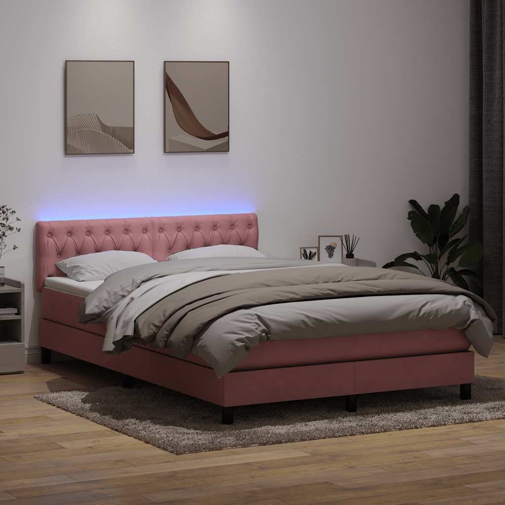 vidaXL Κρεβάτι Boxspring με Στρώμα & LED ροζ 160x220 cm Βελούδινο