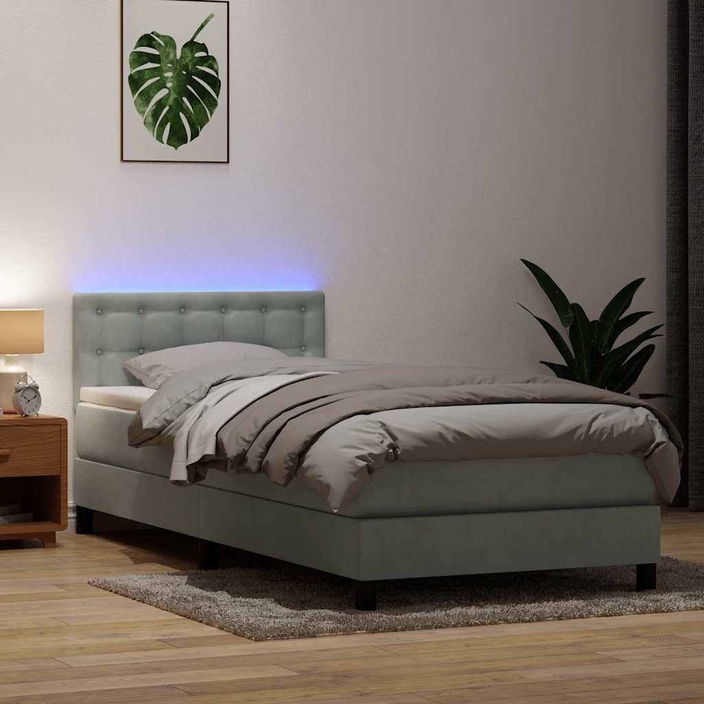 vidaXL Κρεβάτι Boxspring με Στρώμα & LED Ανοιχτό Γκρι 80x210 εκ. Βελούδινο