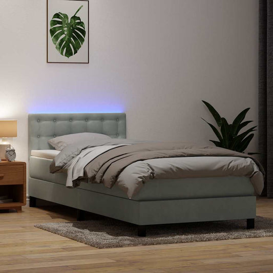 vidaXL Κρεβάτι Boxspring με Στρώμα & LED Ανοιχτό Γκρι 80x210 εκ. Βελούδινο