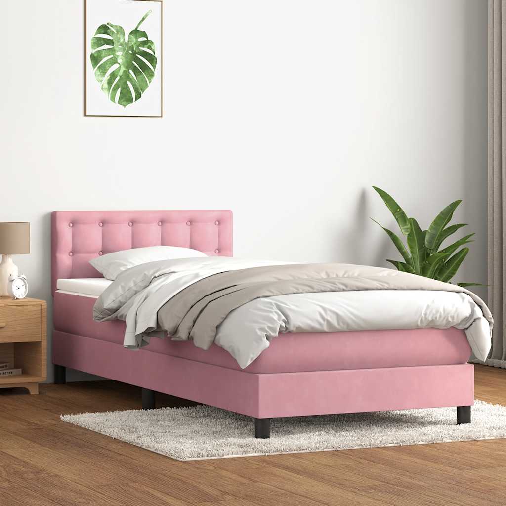 vidaXL Κρεβάτι Boxspring με Στρώμα & LED ροζ 90x210 εκ. Βελούδινο