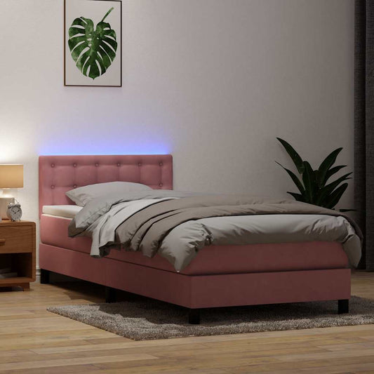 vidaXL Κρεβάτι Boxspring με Στρώμα & LED ροζ 90x210 εκ. Βελούδινο