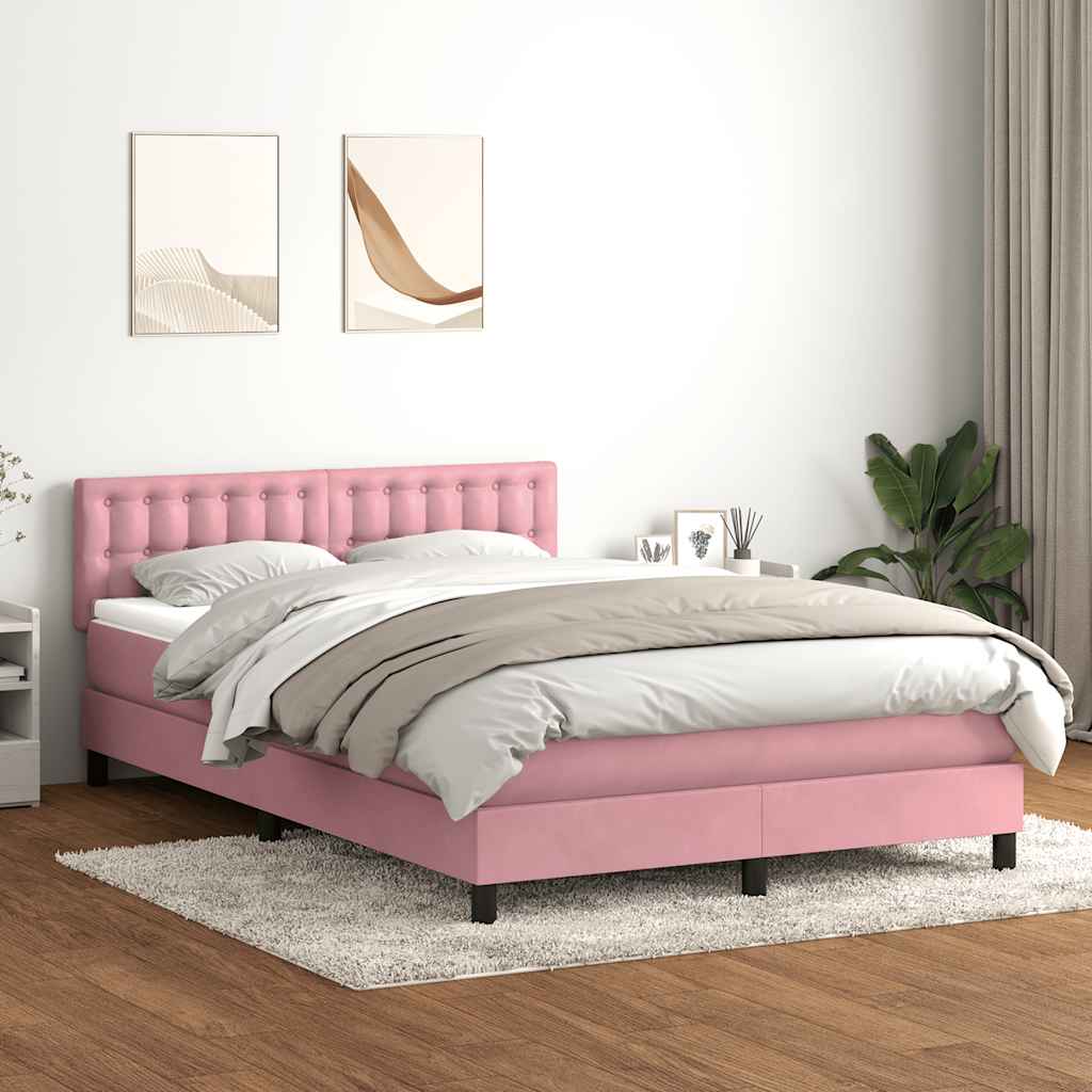 vidaXL Κρεβάτι Boxspring με Στρώμα & LED Ροζ 140x210 εκ. Βελούδινο