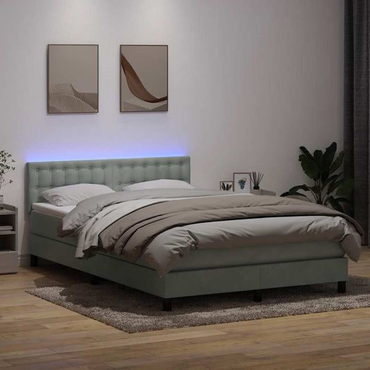 vidaXL Κρεβάτι Boxspring με Στρώμα & LED Ανοιχτό Γκρι 160x210 εκ. Βελούδινο
