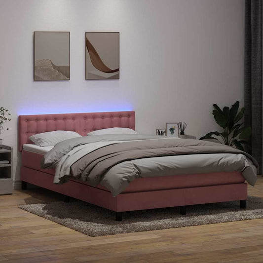vidaXL Κρεβάτι Boxspring με Στρώμα & LED Ροζ 160x210 εκ. Βελούδινο