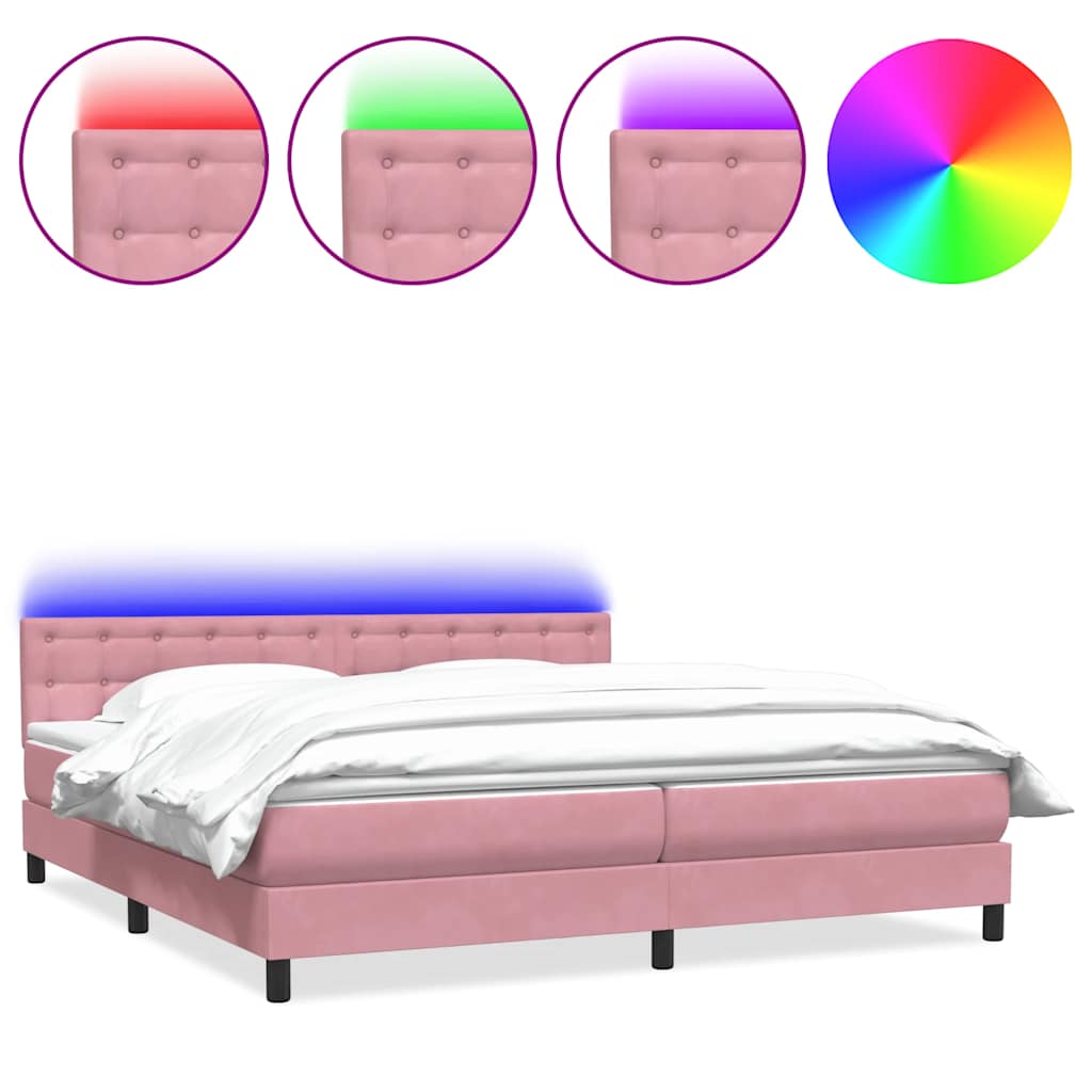 vidaXL Κρεβάτι Boxspring με Στρώμα & LED Ροζ 180x210 εκ. Βελούδινο