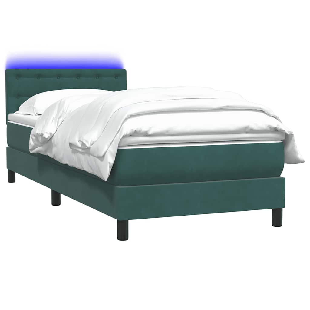 vidaXL Κρεβάτι Boxspring με Στρώμα & LED σκούρο πράσινο 80x220εκ. Βελούδινο
