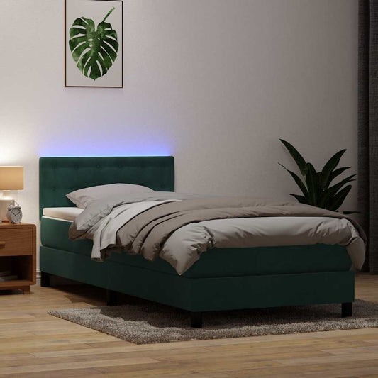 vidaXL Κρεβάτι Boxspring με Στρώμα & LED σκούρο πράσινο 80x220εκ. Βελούδινο