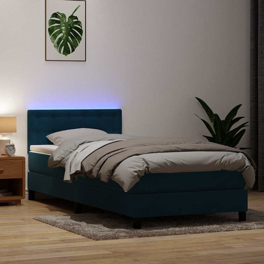 vidaXL Κρεβάτι Boxspring με Στρώμα & LED Σκούρο Μπλε 80x220 εκ. Βελούδινο