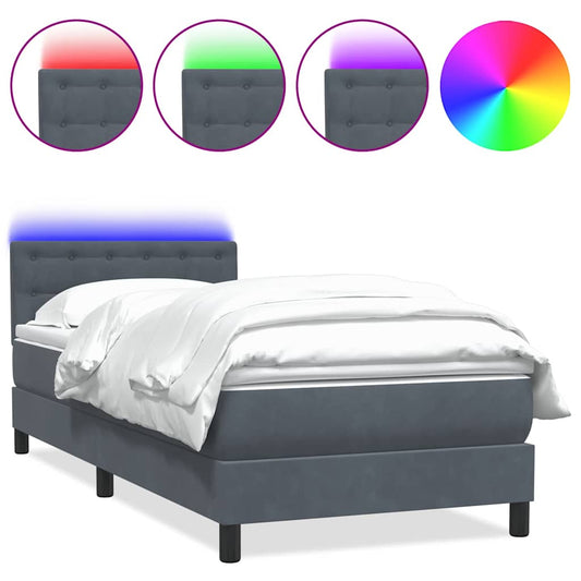 vidaXL Κρεβάτι Boxspring με Στρώμα & LED Σκούρο Γκρι 90x220 εκ. Βελούδινο