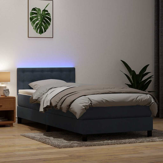 vidaXL Κρεβάτι Boxspring με Στρώμα & LED Σκούρο Γκρι 90x220 εκ. Βελούδινο