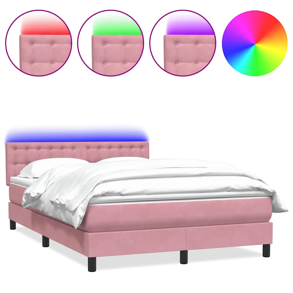 vidaXL Κρεβάτι Boxspring με Στρώμα & LED ροζ 140x220 cm Βελούδινο