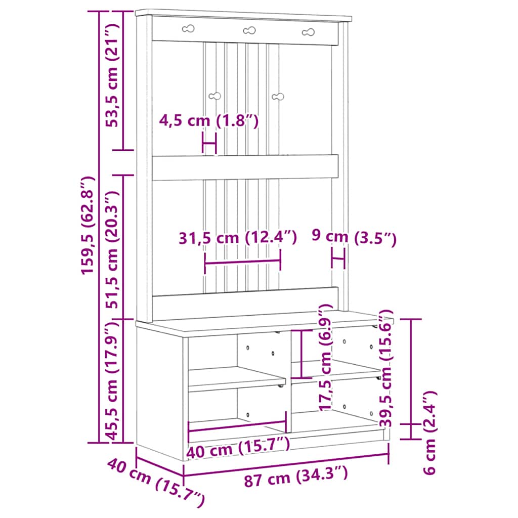 vidaXL Δέντρο χωλ "SANDENS" 87x40x159,5 εκ. Πεύκο μασίφ ξύλο