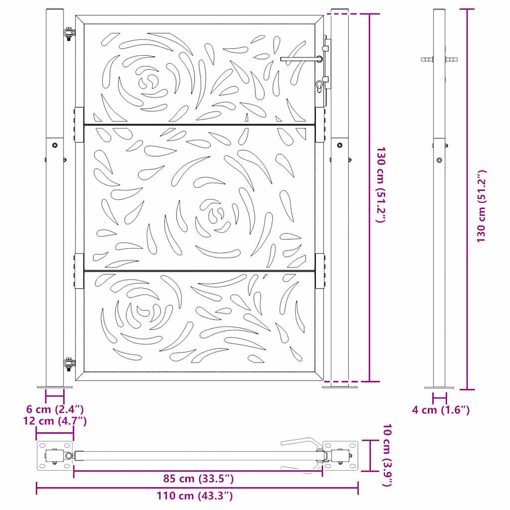 vidaXL Πόρτα Κήπου Μαύρη 100x125 εκ. με Σχέδιο Φλόγας από Ατσάλι