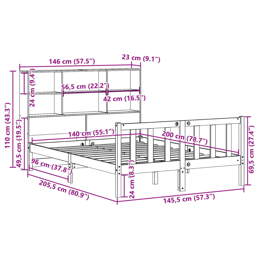vidaXL Κρεβάτι Βιβλιοθήκη Χωρίς Στρώμα 140x200 εκ Μασίφ Ξύλο Πεύκου