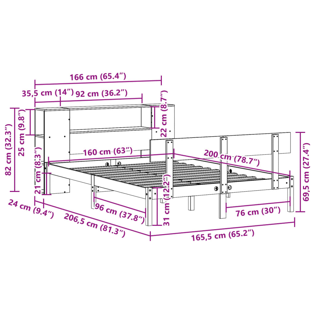 vidaXL Κρεβάτι Βιβλιοθήκη Χωρίς Στρώμα 160x200 εκ Μασίφ Ξύλο Πεύκου