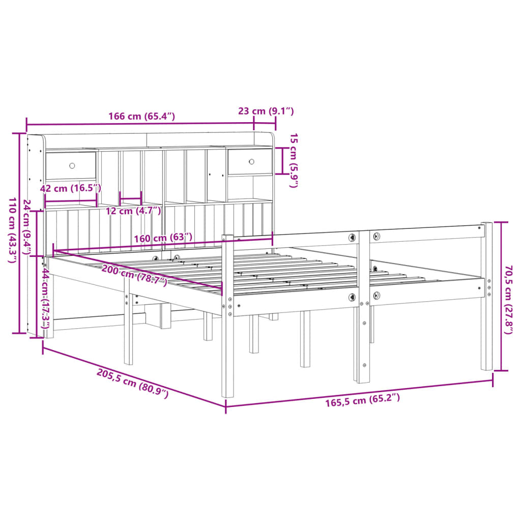vidaXL Κρεβάτι Βιβλιοθήκη Χωρίς Στρώμα 160x200 εκ Μασίφ Ξύλο Πεύκου