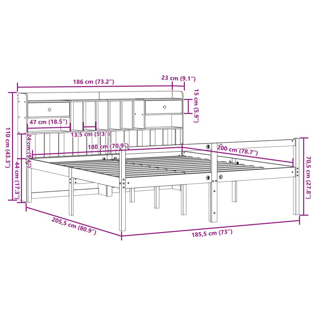 vidaXL Κρεβάτι Βιβλιοθήκη Χωρίς Στρώμα 180x200 εκ Μασίφ Ξύλο Πεύκου