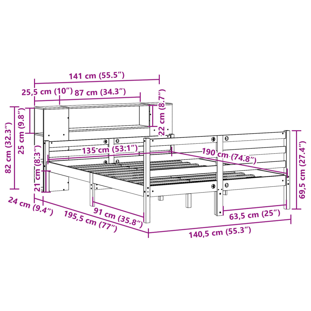 vidaXL Κρεβάτι Βιβλιοθήκη Χωρίς Στρώμα Λευκό 135x190 εκ Μασίφ Πεύκο