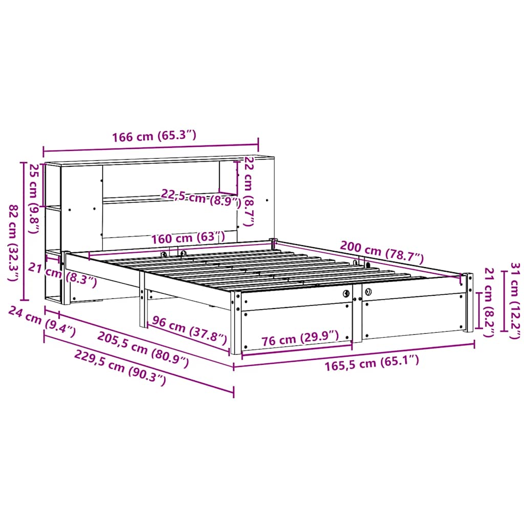 vidaXL Κρεβάτι Βιβλιοθήκη Χωρίς Στρώμα 160x200 εκ Μασίφ Ξύλο Πεύκου