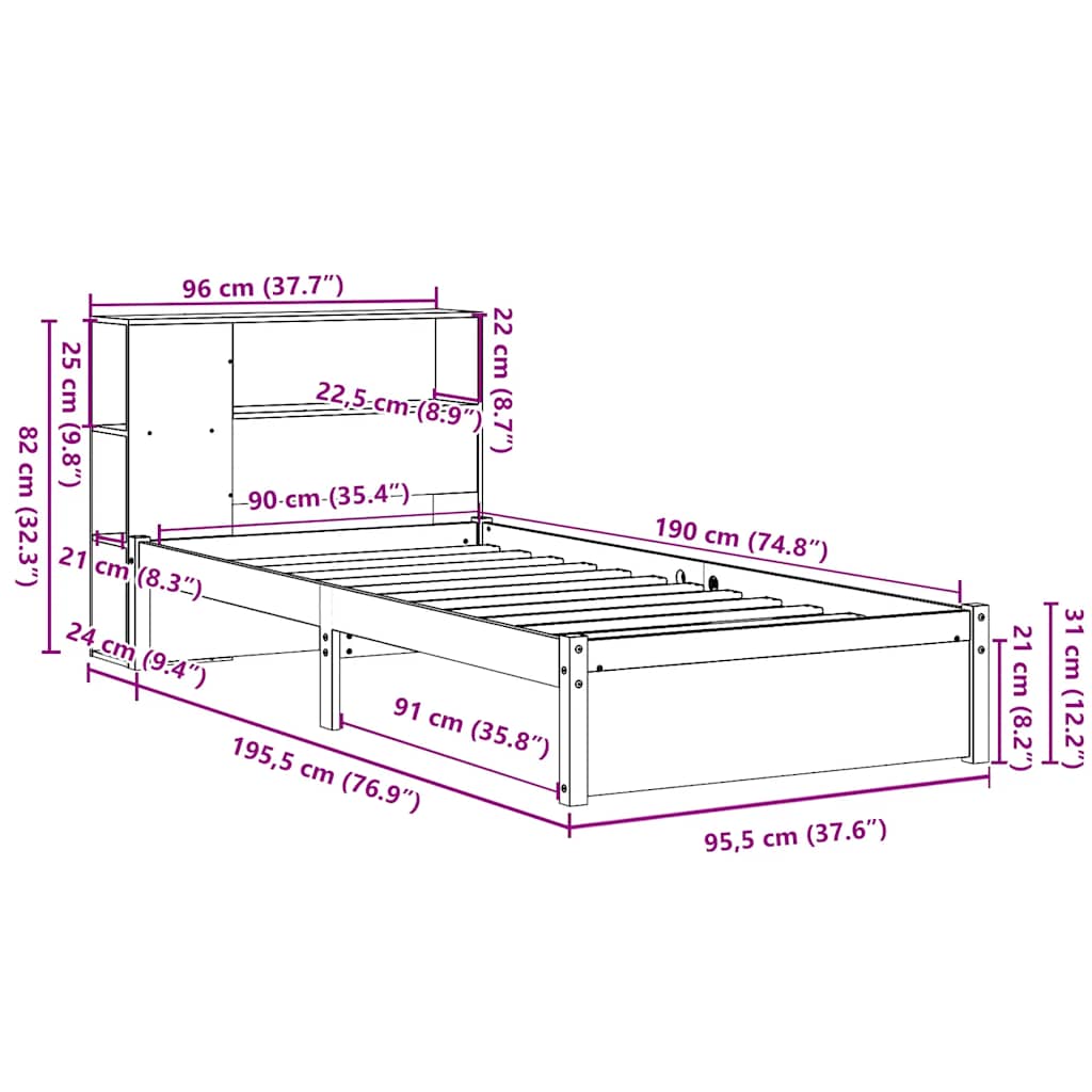 vidaXL Κρεβάτι Βιβλιοθήκη Χωρίς Στρώμα 90x190 εκ Μασίφ Ξύλο Πεύκου