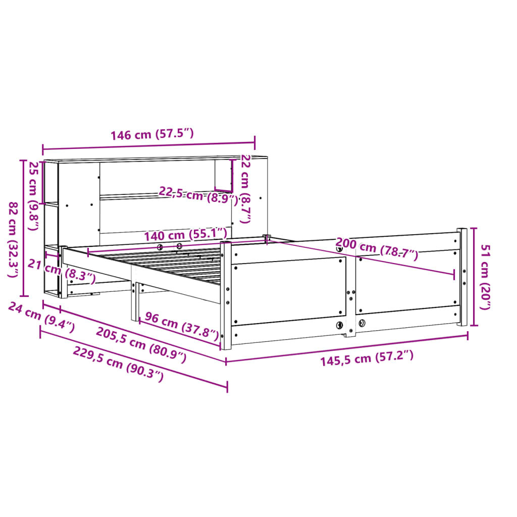 vidaXL Κρεβάτι Βιβλιοθήκη Χωρίς Στρώμα 140x200 εκ Μασίφ Ξύλο Πεύκο
