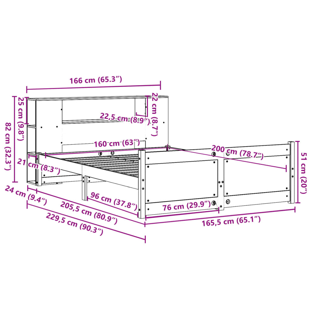 vidaXL Κρεβάτι Βιβλιοθήκη Χωρίς Στρώμα 160x200 εκ Μασίφ Ξύλο Πεύκου