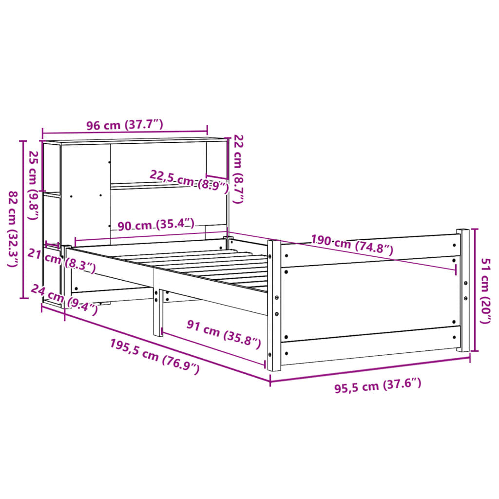 vidaXL Κρεβάτι Βιβλιοθήκη Χωρίς Στρώμα 90x190 εκ Μασίφ Ξύλο Πεύκου