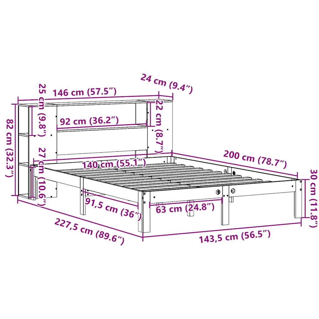 vidaXL Κρεβάτι Βιβλιοθήκη Χωρίς Στρώμα 140x200 εκ Μασίφ Ξύλο Πεύκο
