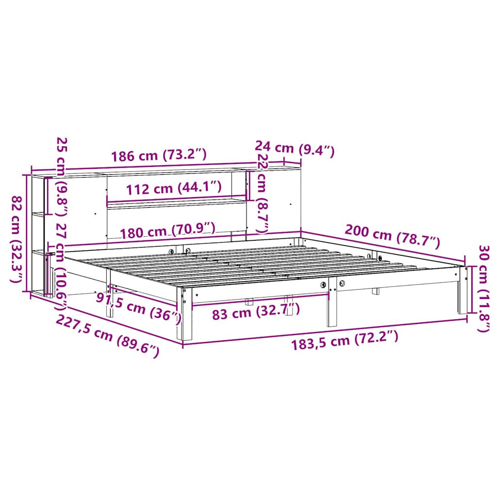 vidaXL Κρεβάτι Βιβλιοθήκη Χωρίς Στρώμα 180x200 εκ Μασίφ Ξύλο Πεύκου