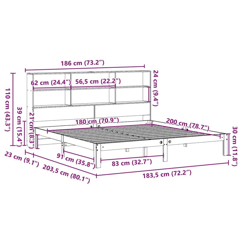 vidaXL Κρεβάτι Βιβλιοθήκη Χωρίς Στρώμα 180x200 εκ Μασίφ Ξύλο Πεύκου