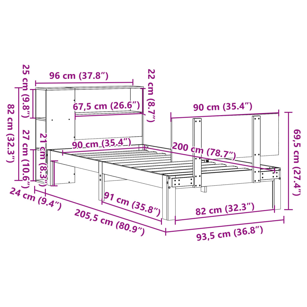 vidaXL Κρεβάτι Βιβλιοθήκη Χωρίς Στρώμα 90x200 εκ Μασίφ Ξύλο Πεύκου