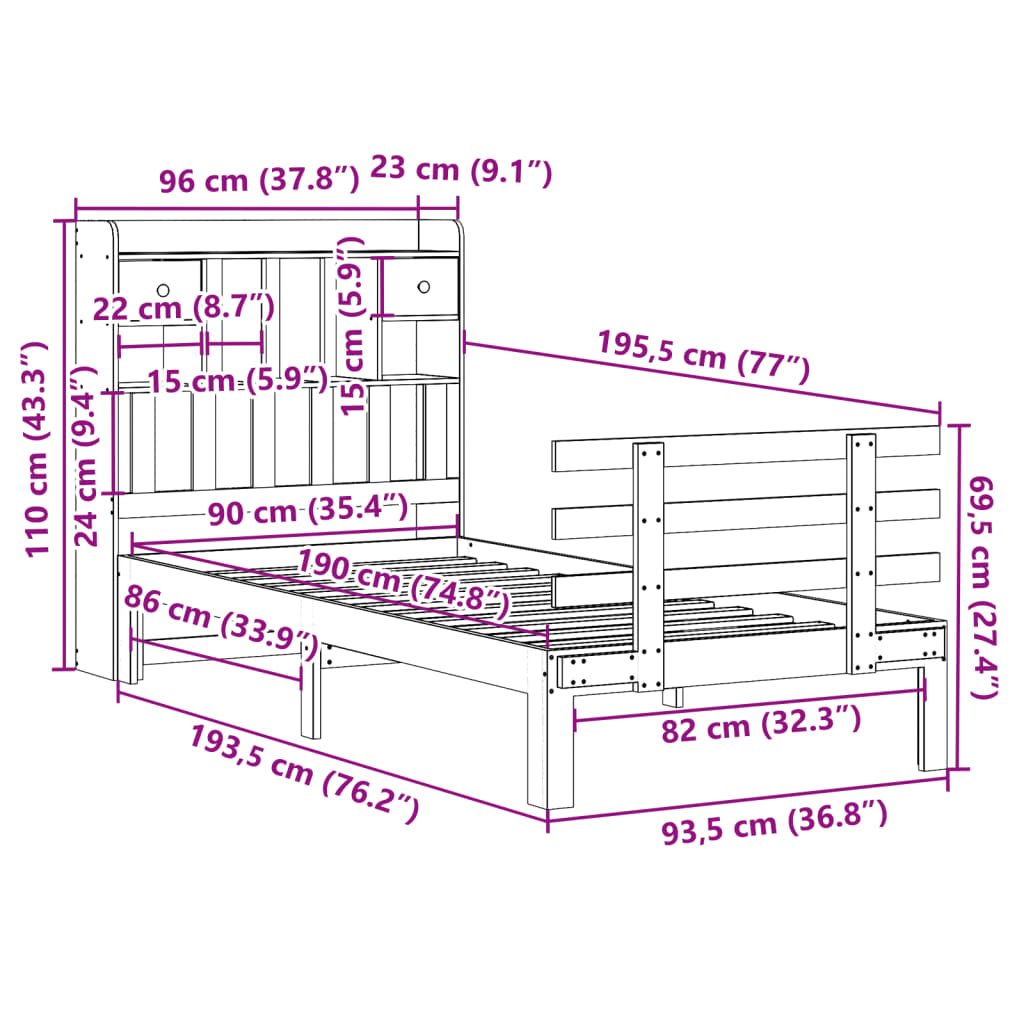 vidaXL Κρεβάτι Βιβλιοθήκη Χωρίς Στρώμα 90x190 εκ Μασίφ Ξύλο Πεύκου