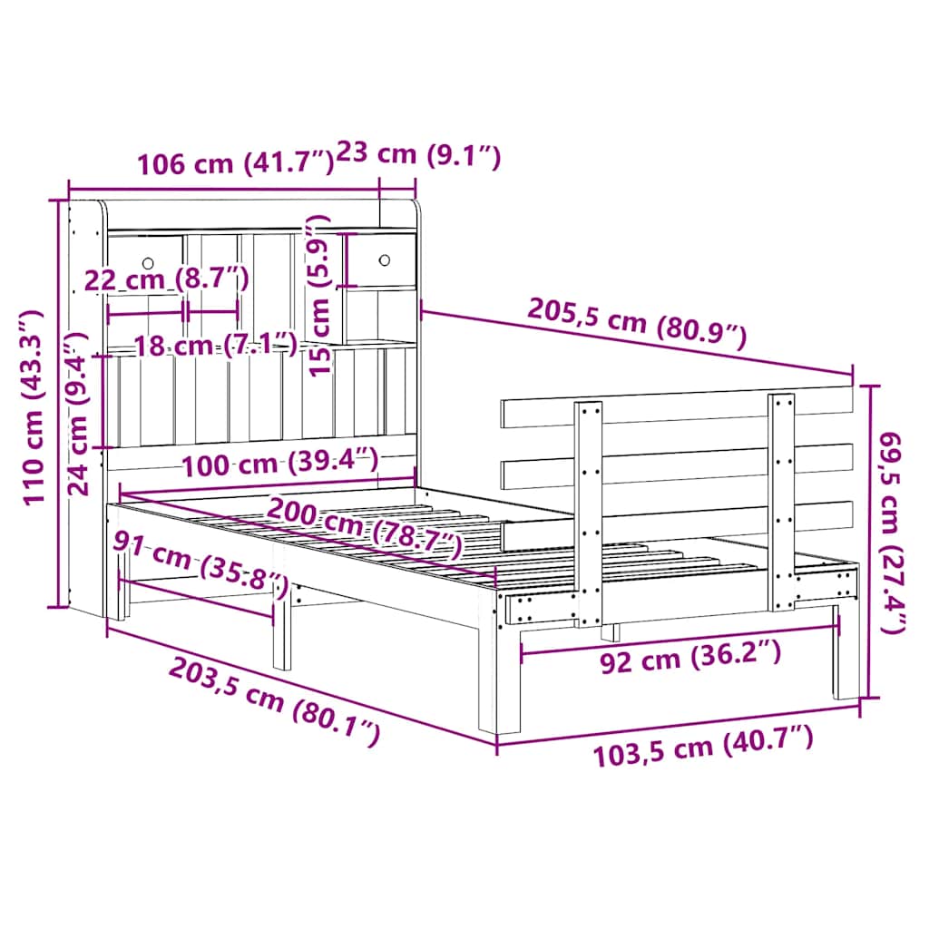 vidaXL Κρεβάτι Βιβλιοθήκη Χωρίς Στρώμα 100x200 εκ Μασίφ Ξύλο Πεύκου