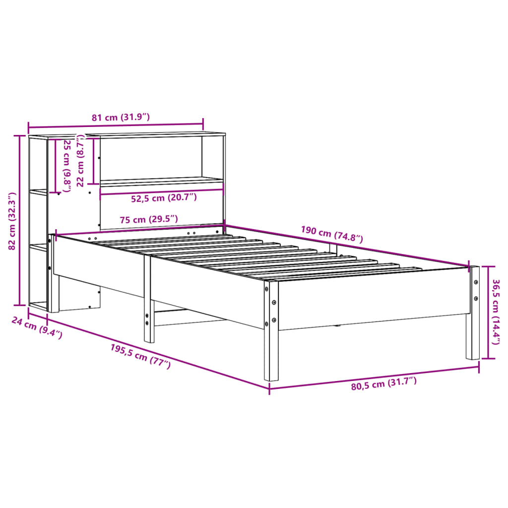 vidaXL Κρεβάτι Βιβλιοθήκη Χωρίς Στρώμα Λευκό 75x190 εκ Μασίφ Πεύκο