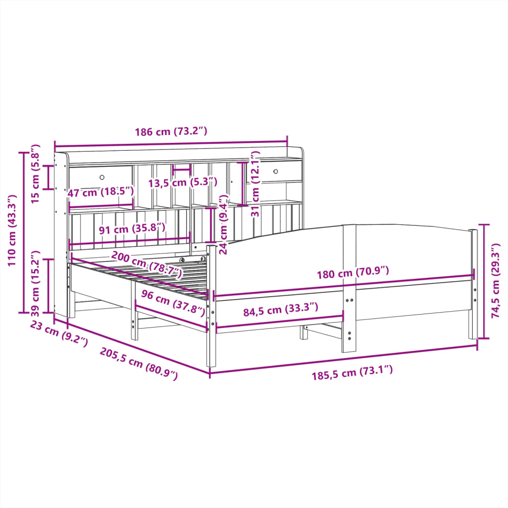 vidaXL Κρεβάτι Βιβλιοθήκη Χωρίς Στρώμα 180x200 εκ Μασίφ Ξύλο Πεύκου