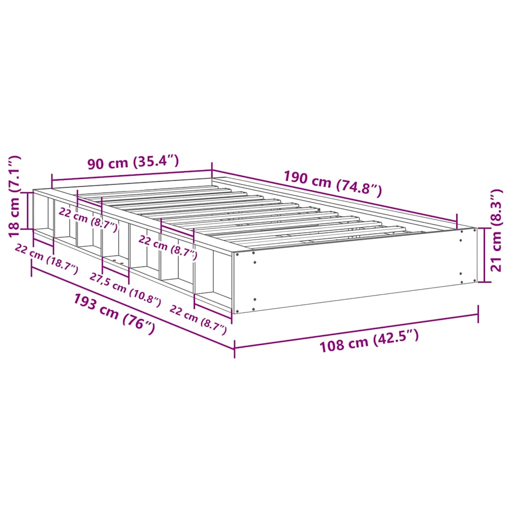 vidaXL Πλαίσιο κρεβατιού χωρίς στρώμα 90x190 cm μασίφ ξύλο δρυς
