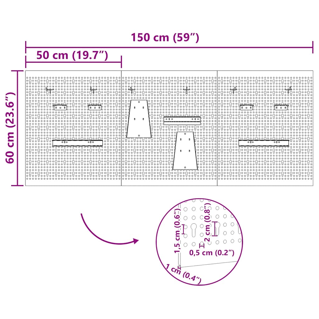 vidaXL Πάνελ Τοίχου Εργαλείων 3 pcs Γκρι 150 x 1 x 60 εκ